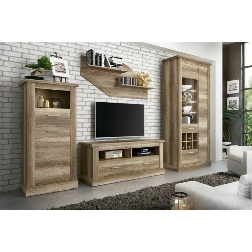 Conjunto de salón: bodeguero, bajo TV, vitrina y estante, efecto madera, 297 cm – Alabama