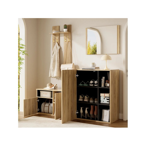 Conjunto de vestidor de entrada 120x35x123cm - con espejo y mueble para zapatos - banco para zapatos y gancho - Natural + Negro