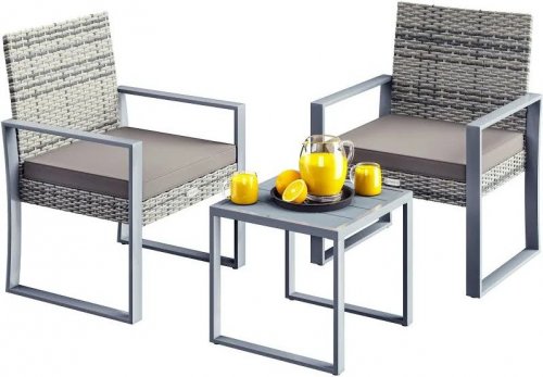 Conjunto mesa y sillas jardín 3 piezas ratán sintético gris
