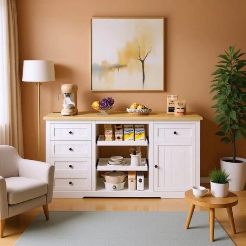 Consola blanca con tablero efecto madera