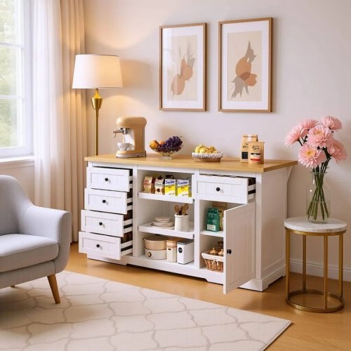 Consola blanca con tablero efecto madera
