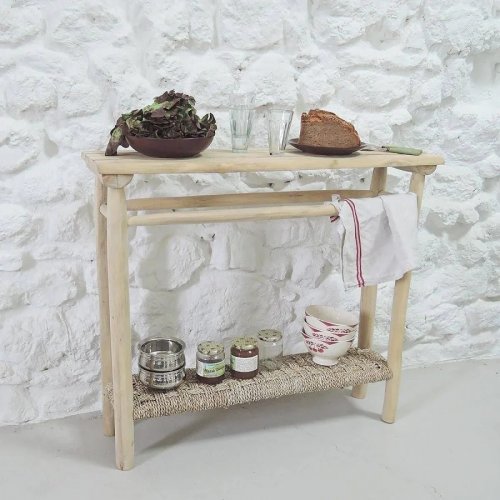 Consola de madera de teca y junco de mar marrón claro