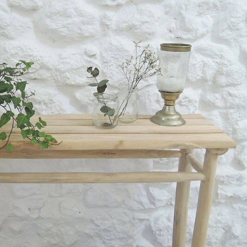 Consola de madera de teca y junco de mar marrón claro