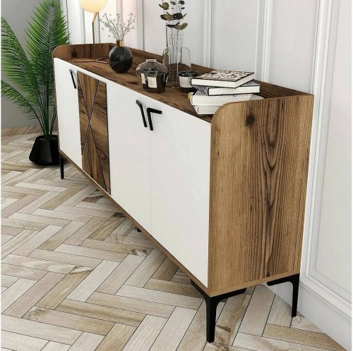 Consola efecto madera de nogal, blanca 180x35h78 cm