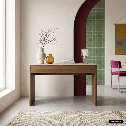 Consola efecto madera travertino con 2 cajones