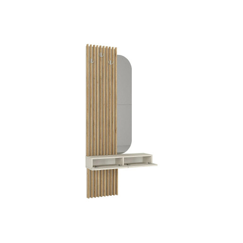 Consola suspendida con espejo, 2 puertas y 3 ganchos - Beige y natural claro - MERYDA
