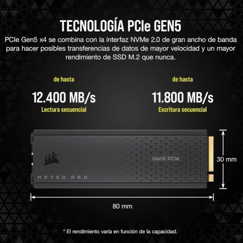 Corsair MP700 PRO 2TB SSD PCIe M.2 NVMe 2.0 Gen5 x4 con Refrigerador de Aire