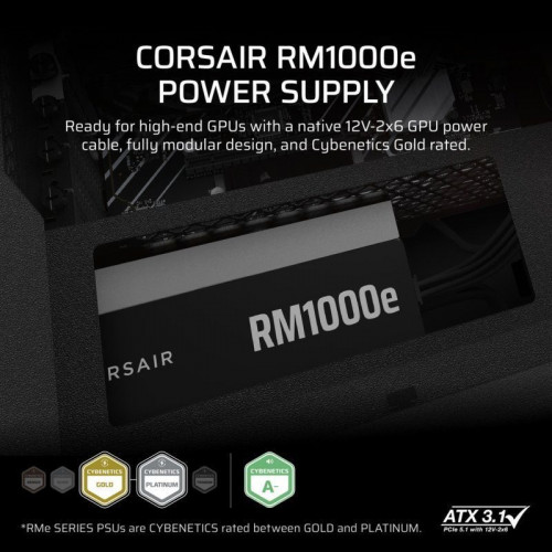 Corsair RMe Series RM1000e ATX 3.1 PCIe 5.1 1000W Cybenetics 80 Plus Gold Modular