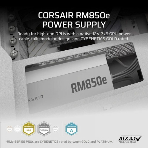 Corsair RMe Series RM850e ATX 3.1 PCIe 5.1 850W Cybenetics 80 Plus Gold Modular Blanca
