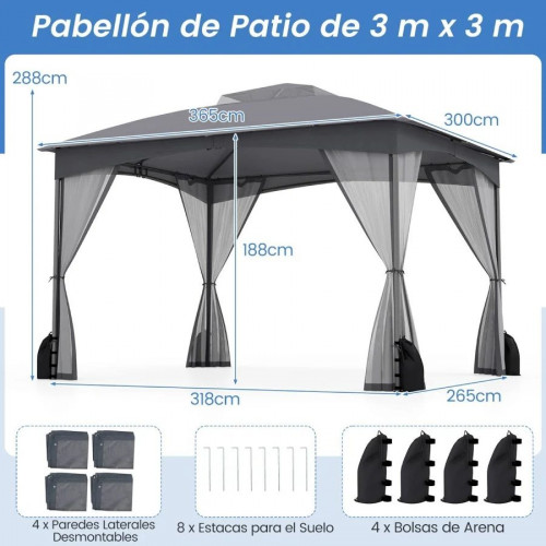Costway Pérgola de Patio 365x300 cm con Paredes de Malla Estructura