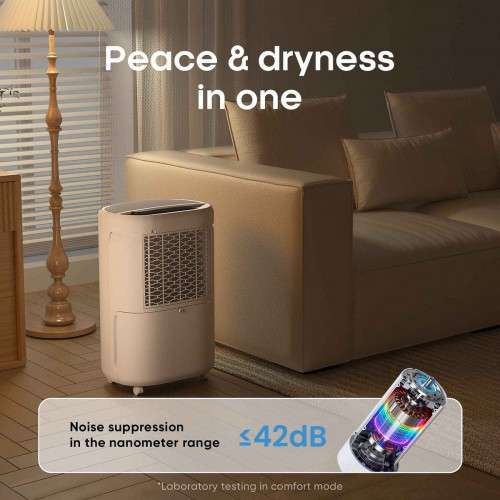 Deshumidificador Silencioso 20L para Espacios de 40-60㎡, Funcionamiento Silencioso 42dB, Doble Sistema de Drenaje