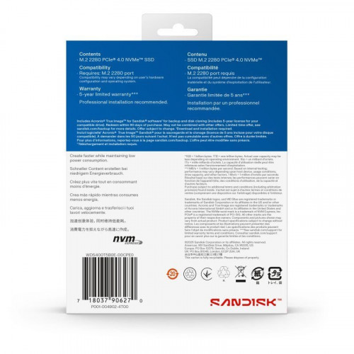Disco Duro Sandisk WD Blue SN5100 4TB SSD M.2 6900MB/s NVMe PCIe 4.0 Encriptado
