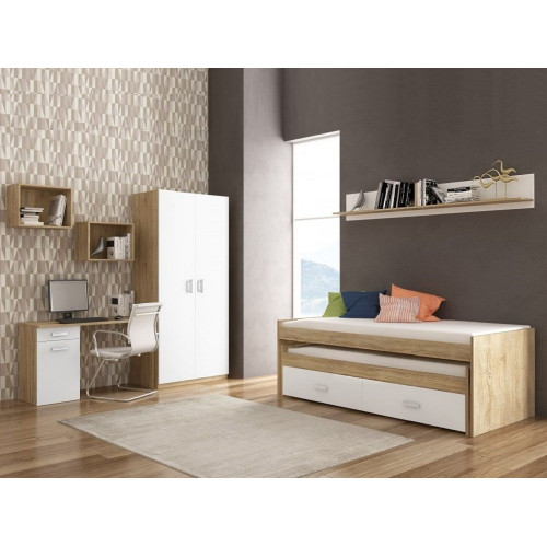 Dormitorio individual: cama nido compacta, armario, escritorio, 3 estantes – Rimini 05