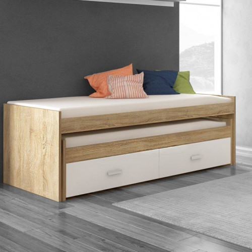 Dormitorio individual: cama nido compacta, armario, escritorio, 3 estantes – Rimini 05