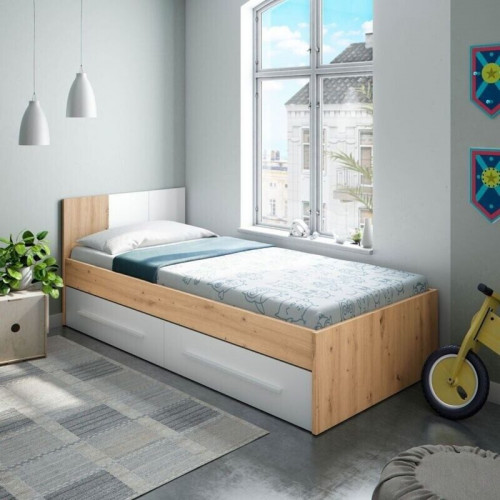 Due-Home Noa Cama Individual con 2 Cajones, Blanco Artik / Roble Nodi (017436W)