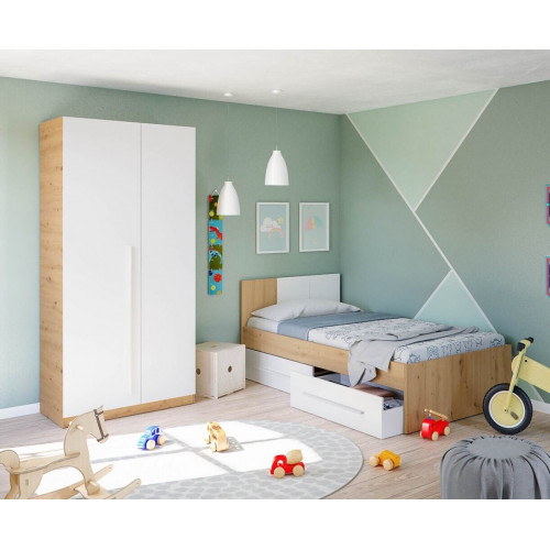 Due-Home Noa Cama Individual con 2 Cajones, Blanco Artik / Roble Nodi (017436W)