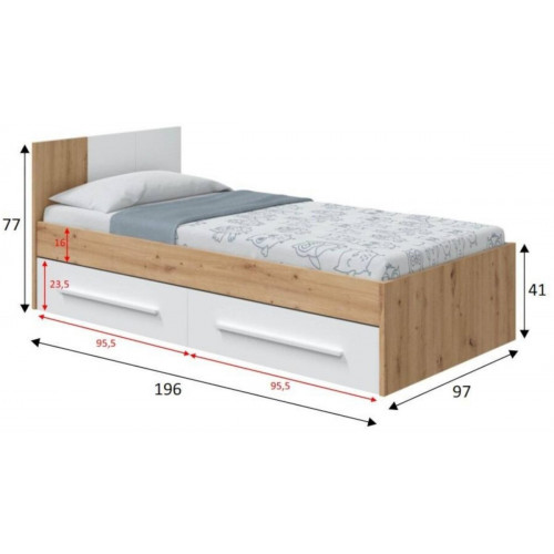 Due-Home Noa Cama Individual con 2 Cajones, Blanco Artik / Roble Nodi (017436W)