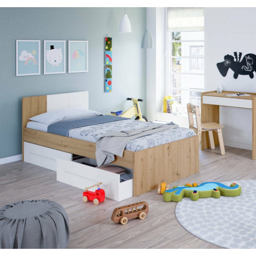 Due-Home Noa Cama Individual con 2 Cajones, Blanco Artik / Roble Nodi (017436W)