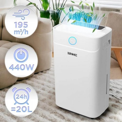 Duronic DH201 Deshumidificador 440W hasta 20L/día Depósito 5,1L con drenaje continuo Temporizador 1-24h Control humedad 30-80% Secado de ropa