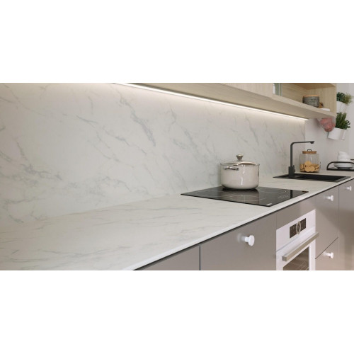 Encimera de cocina laminada compacta Amazona marmol blanco mate 360x63 cm espesor 13mm