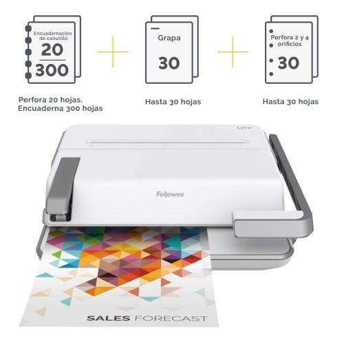Encuadernadora Fellowes Lyra 3en1 canutillo perfora 20 encuaderna 300 hojas y grapa 30
