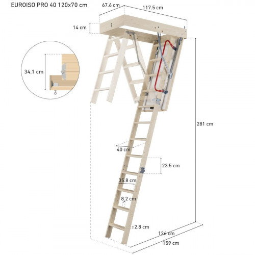Escalera escamoteable pino plegable alto máximo 284cm Euroiso Pro 40 de 120x70cm