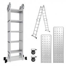 Escalera multifunción de aluminio de 582 cm con plataforma multiusos 7 en 1, plegable, hasta 150 kg, color plateado