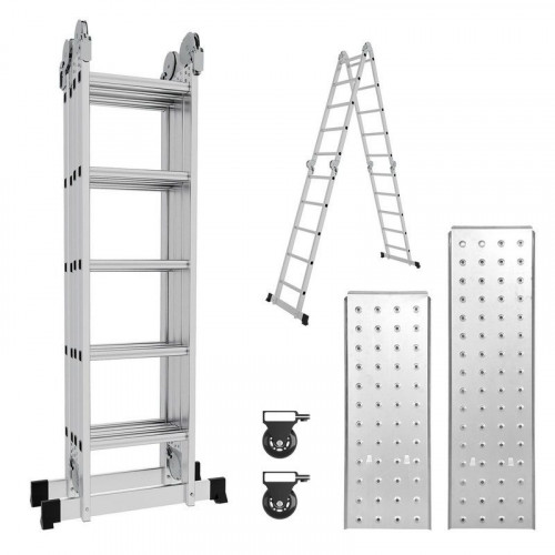 Escalera multifunción de aluminio de 582 cm con plataforma multiusos 7 en 1, plegable, hasta 150 kg, color plateado