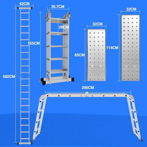 Escalera multifunción de aluminio de 582 cm con plataforma multiusos 7 en 1, plegable, hasta 150 kg, color plateado