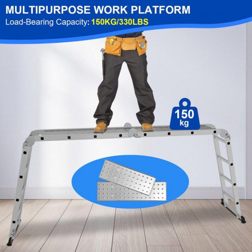 Escalera multifunción de aluminio de 582 cm con plataforma multiusos 7 en 1, plegable, hasta 150 kg, color plateado