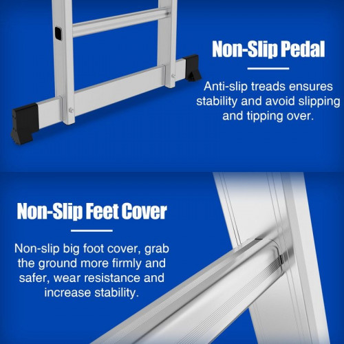 Escalera multifunción de aluminio de 582 cm con plataforma multiusos 7 en 1, plegable, hasta 150 kg, color plateado