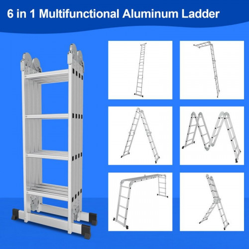 Escalera multifunción de aluminio de 582 cm con plataforma multiusos 7 en 1, plegable, hasta 150 kg, color plateado