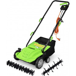 Escarificador Eléctrico 2 en 1, con Bolsa de Recogida de 30L, Altura Ajustable en 4 Niveles, 2 Cuchillas Extraíbles y Asa Plegable, Verde