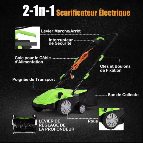 Escarificador Eléctrico 2 en 1, con Bolsa de Recogida de 30L, Altura Ajustable en 4 Niveles, 2 Cuchillas Extraíbles y Asa Plegable, Verde
