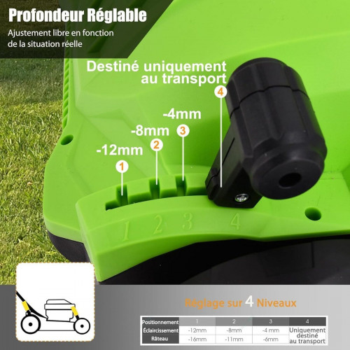 Escarificador Eléctrico 2 en 1, con Bolsa de Recogida de 30L, Altura Ajustable en 4 Niveles, 2 Cuchillas Extraíbles y Asa Plegable, Verde