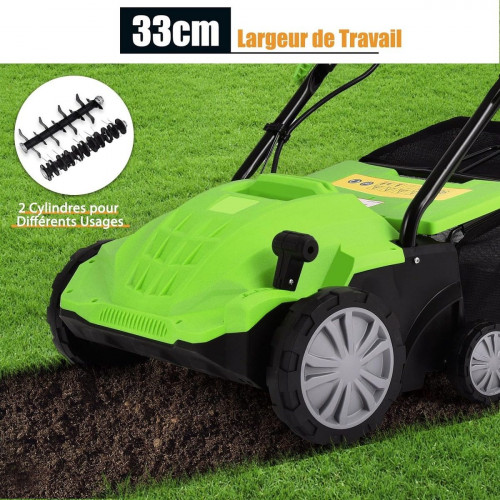 Escarificador Eléctrico 2 en 1, con Bolsa de Recogida de 30L, Altura Ajustable en 4 Niveles, 2 Cuchillas Extraíbles y Asa Plegable, Verde