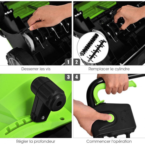 Escarificador Eléctrico 2 en 1, con Bolsa de Recogida de 30L, Altura Ajustable en 4 Niveles, 2 Cuchillas Extraíbles y Asa Plegable, Verde