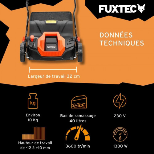 Escarificador eléctrico FUXTEC FX-EV320ECO aireador de césped 1300 W, 32 cm de anchura de trabajo