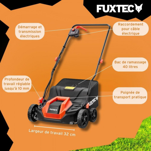 Escarificador eléctrico FUXTEC FX-EV320ECO aireador de césped 1300 W, 32 cm de anchura de trabajo