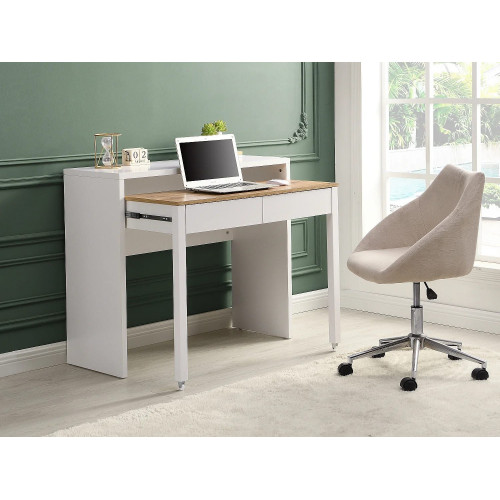 Escritorio consola extensible con 2 cajones - Blanco y natural - LOAVIA