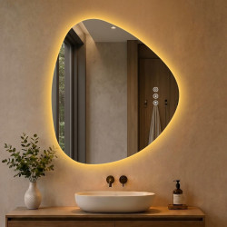 Espejo de baño con luz LED ambiente, asimétrico 70 × 60 cm, espejo retroiluminado sin marco, 3 colores de luz, antivaho, memoria