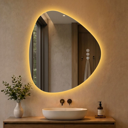 Espejo de baño con luz LED ambiente, asimétrico 70 × 60 cm, espejo retroiluminado sin marco, 3 colores de luz, antivaho, memoria