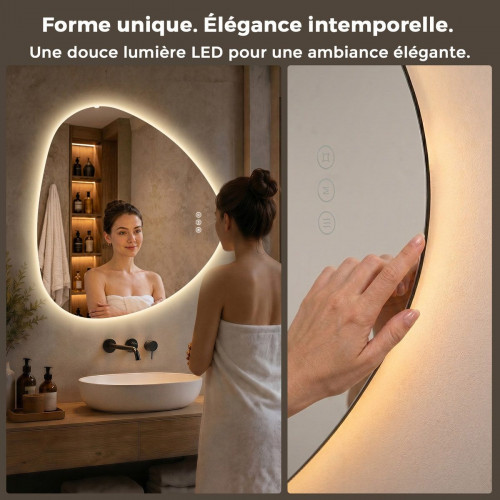 Espejo de baño con luz LED ambiente, asimétrico 70 × 60 cm, espejo retroiluminado sin marco, 3 colores de luz, antivaho, memoria