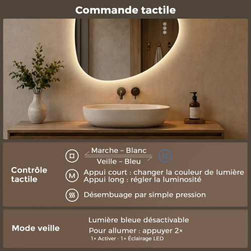 Espejo de baño con luz LED ambiente, asimétrico 70 × 60 cm, espejo retroiluminado sin marco, 3 colores de luz, antivaho, memoria
