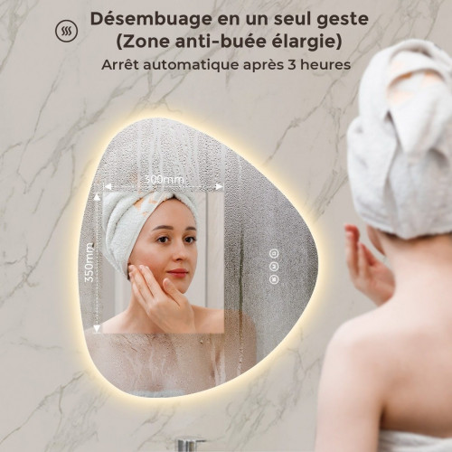 Espejo de baño con luz LED ambiente, asimétrico 70 × 60 cm, espejo retroiluminado sin marco, 3 colores de luz, antivaho, memoria