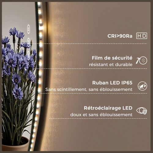 Espejo de baño con luz LED ambiente, asimétrico 70 × 60 cm, espejo retroiluminado sin marco, 3 colores de luz, antivaho, memoria