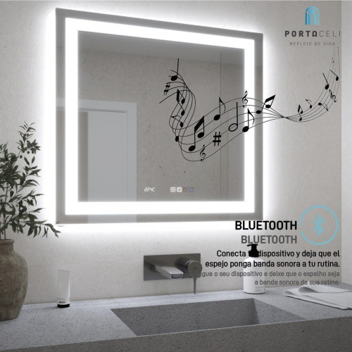 Espejo de baño cuadrado con luz LED funcional ALL 80x80cm con antivaho, táctil, altavoz color plata