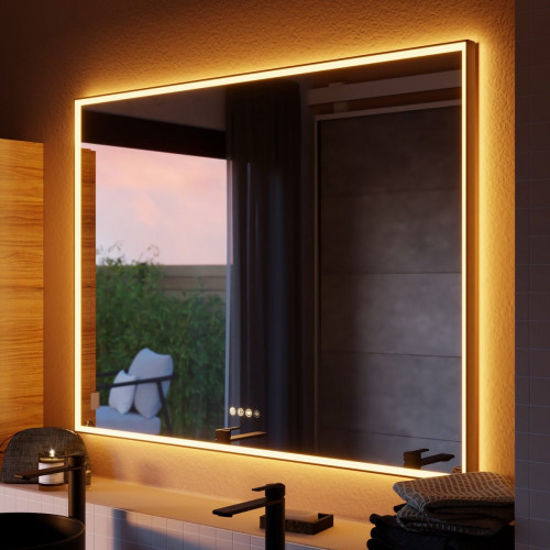 Espejo de baño rectangular con luz LED ambiente New Frame 120x90 cm con antivaho, táctil color negro