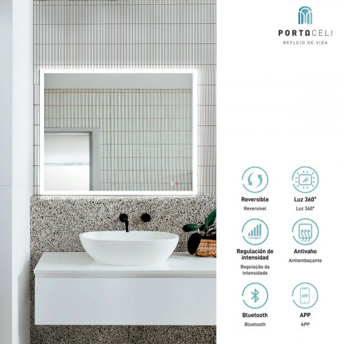 Espejo de baño rectangular con luz LED funcional Cosmos 80x70cm con antivaho, táctil, altavoz color plata