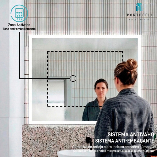 Espejo de baño rectangular con luz LED funcional Cosmos 80x70cm con antivaho, táctil, altavoz color plata